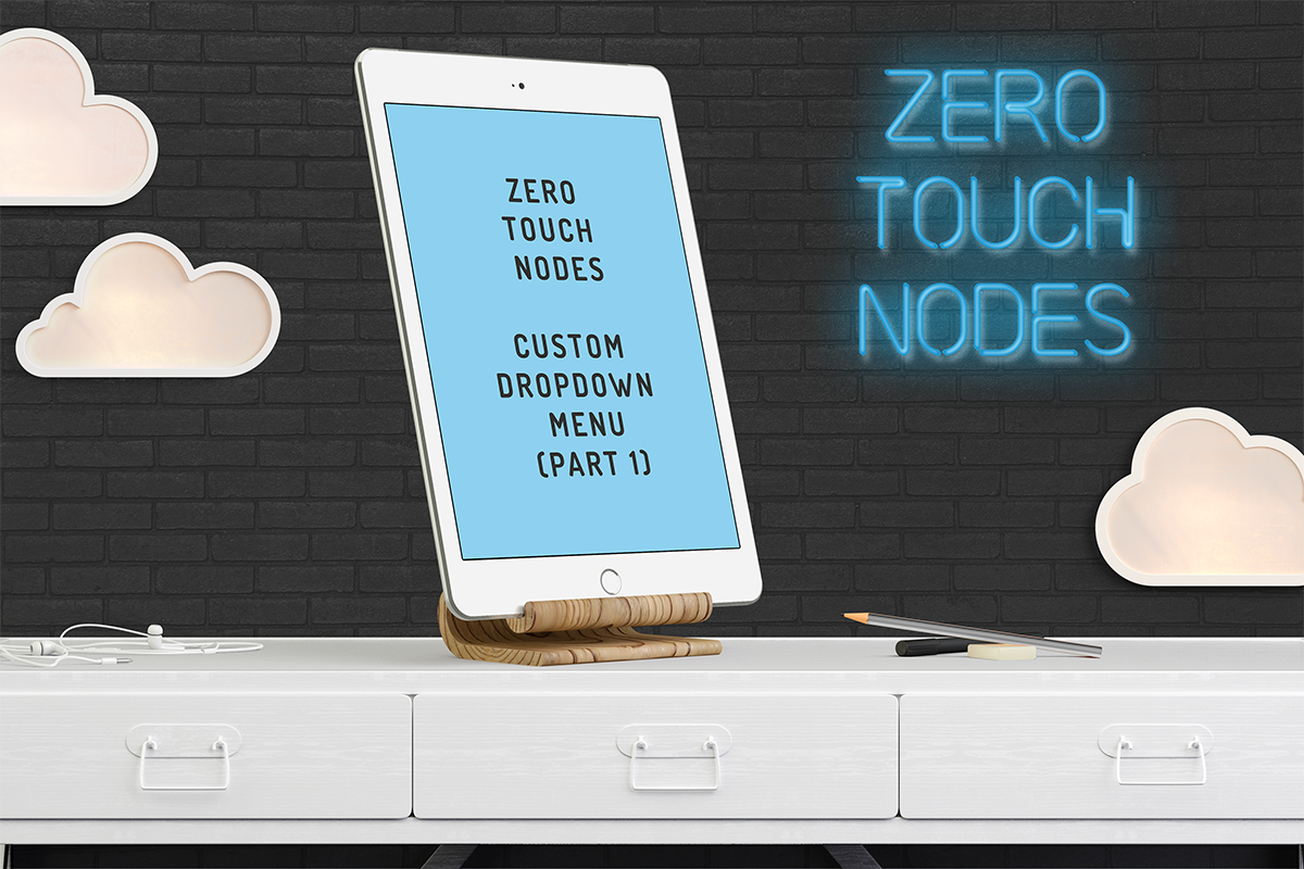 ipad with title, clouds, neon letters - in blue