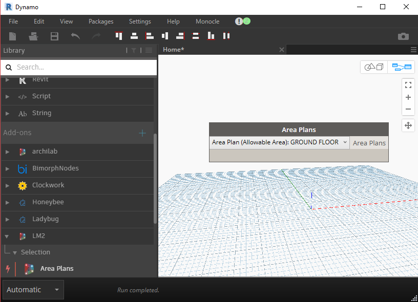 custom area plan dropdown menu node on Dynamo canvas